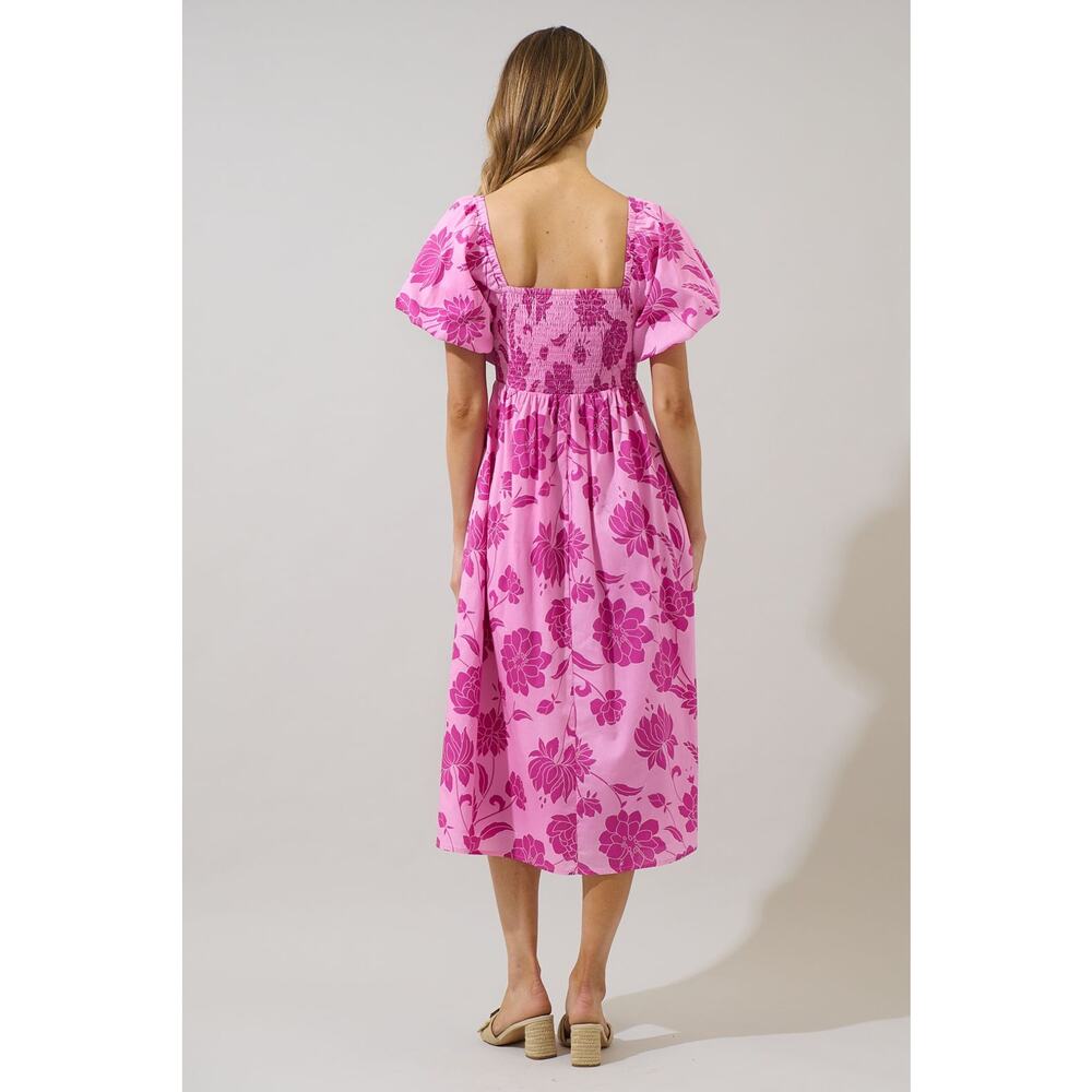 Pink Floral Smocked Midi Dress Puff Sleeve Square Neck NWT Sz XS - Picture 2 of 4
